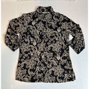 Croft & Barrow Women's Small Black Tan Floral Collared Button Front‎ Top Blouse